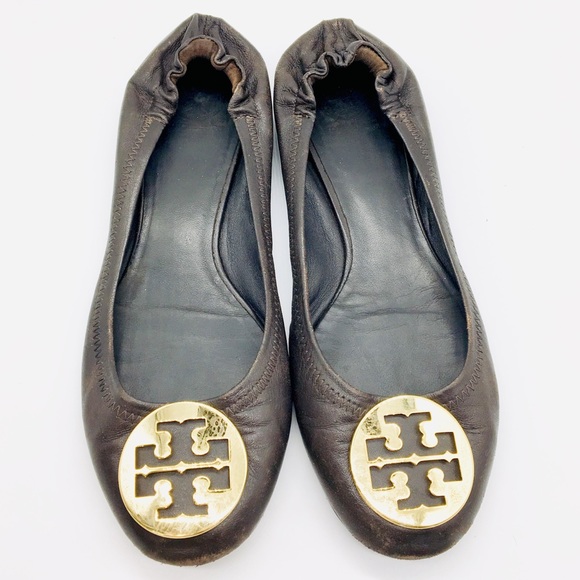 Tory Burch Shoes - Tory Burch Reva Flats Brown Gold Emblem 10.5